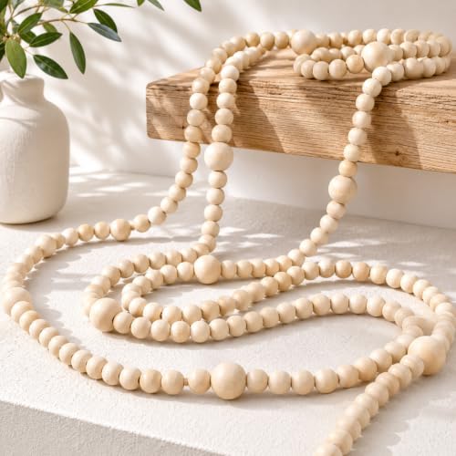 12-Foot Wooden Bead Garland, Rustic Farmhouse Christmas Tree Decoration