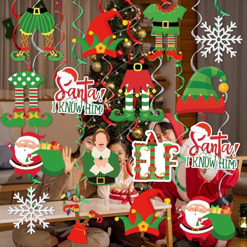 HigzYovn 12 Pcs Elf Christmas Decorations - Santa I Know Him Theme (Pink) Hanging Swirls