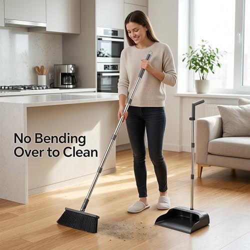 Standing Broom and Dustpan Set with 52-Inch Long Handle & Built-in Comb Teeth