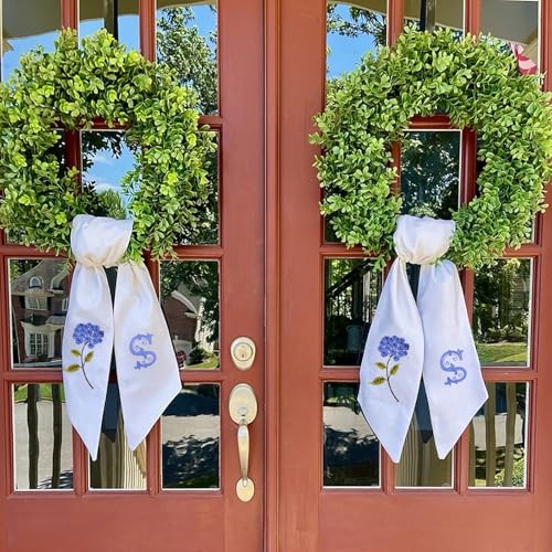 20-Inch Boxwood Wreath with Personalized Monogram Sash for Front Door