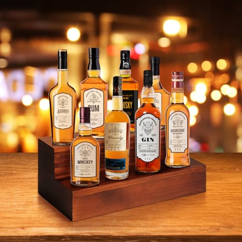 2-Tier Rustic Wood Liquor Bottle Display Shelf for Home Bar Organization