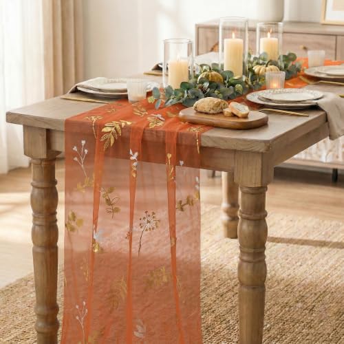 Artoid Mode 28x120 Inch Caramel Floral Leaves Glitter Table Runner for Weddings & Events
