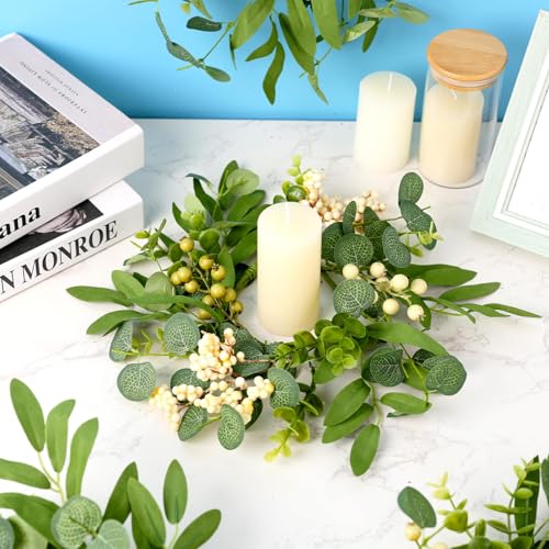 4 Pcs Eucalyptus Candle Rings 7.87 Inch Artificial Green Berry Wreaths