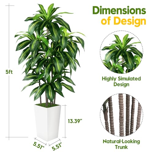 5FT Artificial Dracaena Tree with White Planter - Indoor Fake Plant