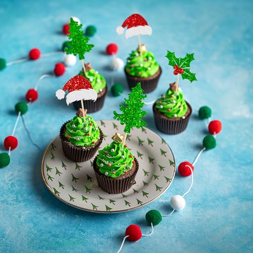 Ephlyn 24Pcs Christmas Santa Hat Cupcake Toppers Multicolor Glitter Holly Leaves Berries – Party Picks