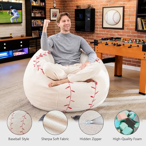 Oversized 44-Inch Baseball Bean Bag Chair with Plush Memory Foam Filler