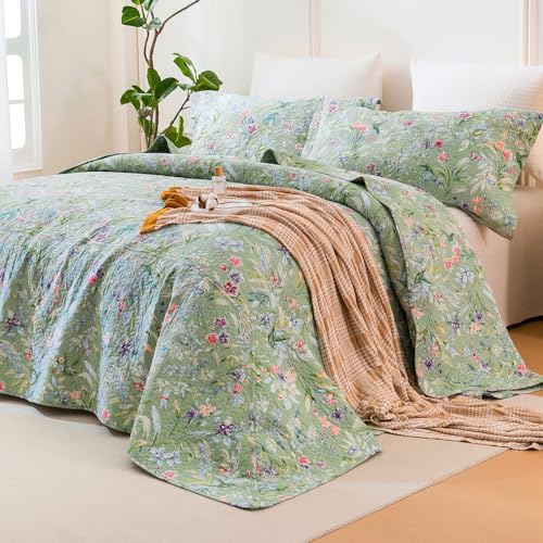 Sanracie Oversized Queen Quilt Bedspread Set - 100% Cotton Botanical Print 3Pcs