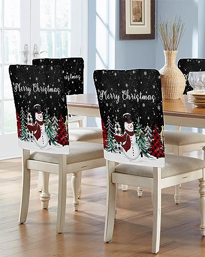 Set of 6 Black Snowman Christmas Chair Covers - Winter Snowflake Slipcovers for Dining Chairs