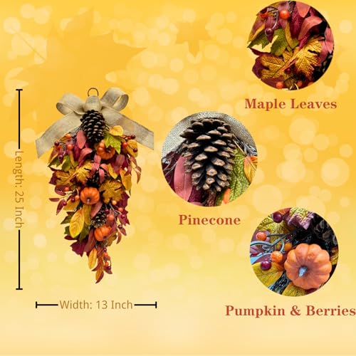 25-Inch Fall Teardrop Swag with Pumpkins, Pinecones and Burlap Bow