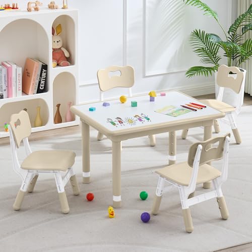 Kids Adjustable Height Table & 4 Chairs Set - Natural, DOREROOM