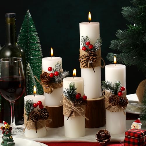Conelist 5-Pack White Christmas Pillar Candles with Berries - 5 Sizes