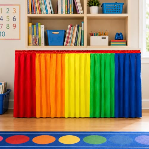 Rainbow Ruffled Table Skirt with Black Lining, 6.6 Ft x 31 Inch
