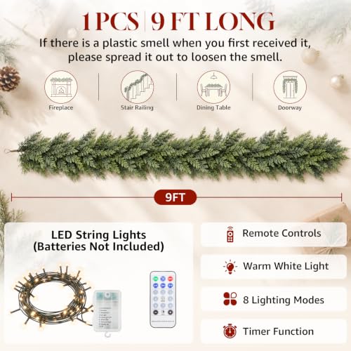 AUMERUNE 9FT Christmas Garland with Lights - Realistic Cedar, Full & Lush, Remote Control Modes