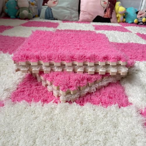 12 Pcs Plush Interlocking Carpet Tiles, Soft Shaggy EVA Foam Floor Mats