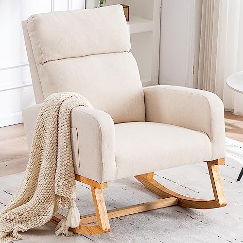 Modern Upholstered Nursery Rocking Chair with Side Pocket - Beige