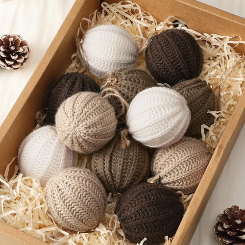 VioraWhite 12 Pack Neutral Christmas Crochet Ball Ornaments 2.36 Inch - Light Beige, Tan, Brown, White