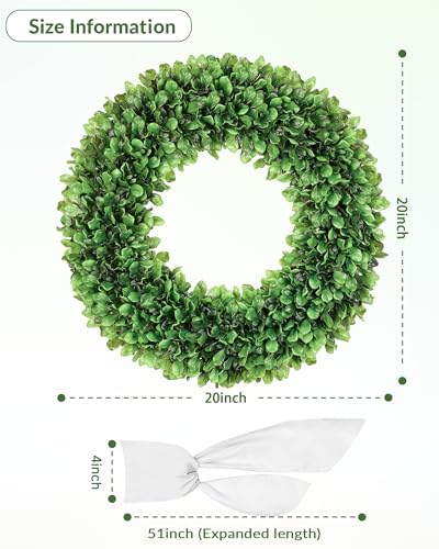 20-Inch Artificial Boxwood Wreath for Front Door with White Sash