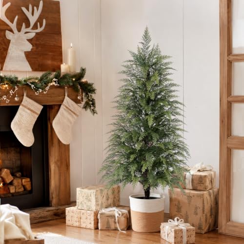Waipfaru 4FT 2-Pcs Dark Green Cypress Artificial Christmas Trees in Woven Baskets - Outdoor/Indoor