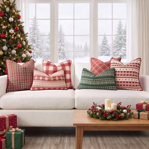 Kevin Textile Christmas Lumbar Pillow Cover 20x12in Red with Velvet Piping, Snowflake Design
