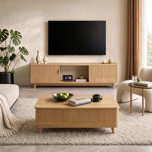 2-Piece Mid Century Modern Living Room Set: Fluted TV Stand & Lift-Top Table