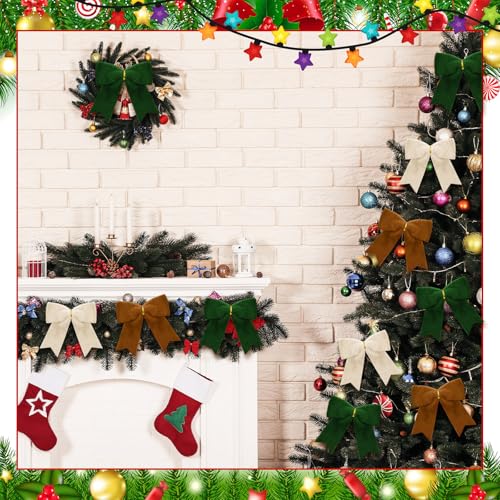 Hollowfly 12-Pack Christmas Faux Fur Bows for Tree & Decor, Green, Brown, Beige