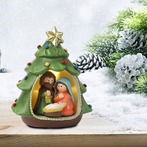 Resin Christmas Tree Nativity Scene Figurine - Holy Family Tabletop Decor