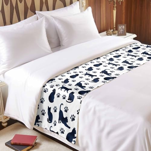 Navy Blue Cat Paw Bed Runner Scarf for Full Size Bed Foot (83"x20")