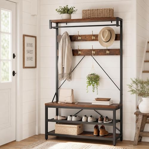 Industrial Hall Tree with Bench and Shoe Storage, 8-Hook Entryway Organizer
