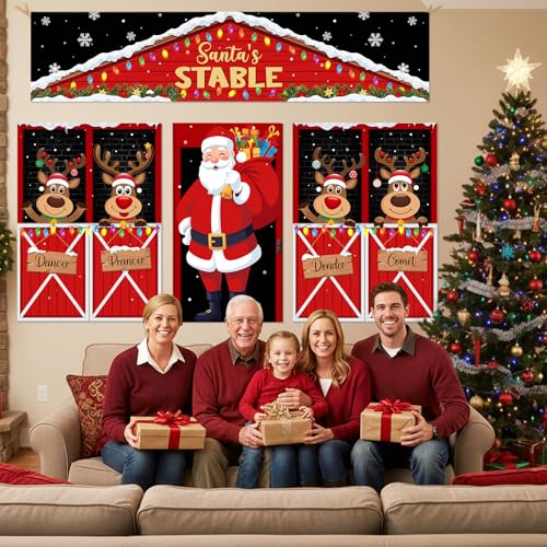 Farmhouse Christmas Door Decorations 4-Pc Set | Santa Reindeer Holiday Banner