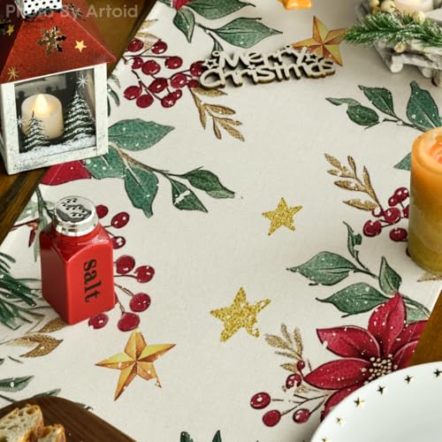 Artoid Mode 13x36 Inch Poinsettia Holly Leaves Christmas Table Runner