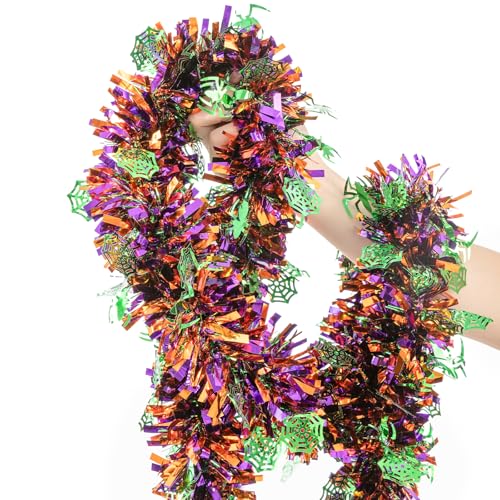 33ft Halloween Metallic Tinsel Garland with Green Spider Web Ornaments