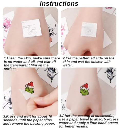 12 Sheets Christmas Temporary Tattoos - Water-Resistant Xmas Tattoo Stickers for Holidays