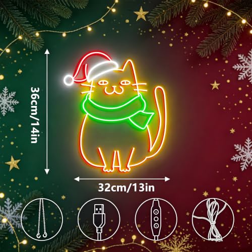 Christmas Cat Neon Sign LED Merry Christmas Neon Lights - USB, Dimmable, 16x13 Inch - HFHungkeong (Color4)