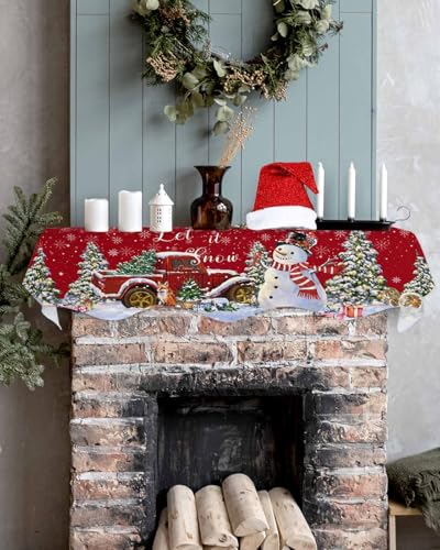 Falaniique 70" L x 17" W Christmas Fireplace Mantel Scarf Runner – Red Truck Snowman Decor