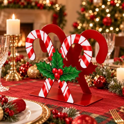 Christmas Candy Cane Napkin Holder - Rustic Red Metal Stand for Holiday Tables & Parties (Candy Canes)