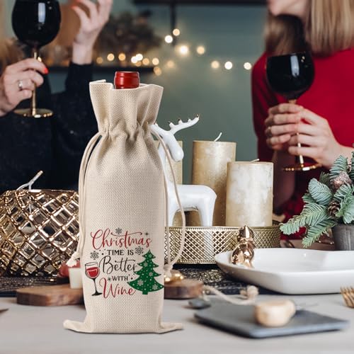 Yuanshao Funny Christmas Wine Bag with Drawstring - Linen Bottle Cover for 750ml Holidays Gift (Is Variation)