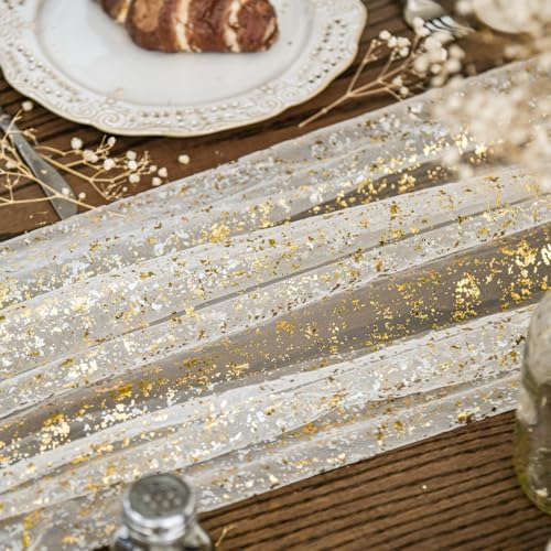 Beige Gold Metallic Foil Table Runner - 28x120 Sheer Gauze Party Decor