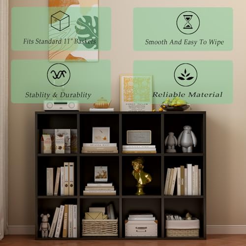 12-Cube Storage Bookcase, 3x4 Wooden Open Shelf Unit for Bins, Black