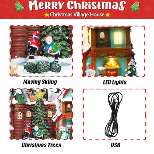 Chonsun 10.2 Inch Christmas Village House with Skiing & Skating Characters – USB Lighted Town Scene