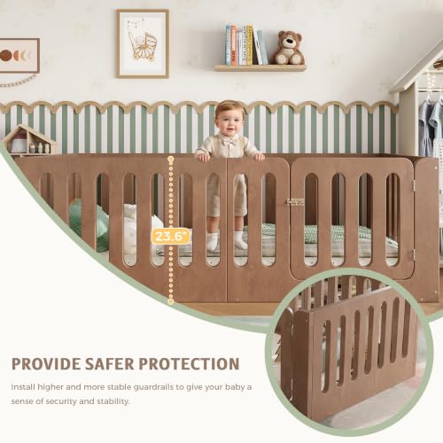 Twin Size Montessori Floor Bed Frame with High Fence and Door, Natural Wood