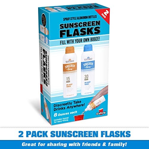 GoPong Aluminum Spray Sunscreen Flask Set (16 oz Total) - Hidden Liquor & Secret Beverage Containers, Includes Funnel & Spout - Variation 1