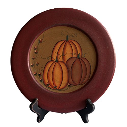 Primitive Painted Pumpkin Decorative Wood Plate, 9.75-Inch Rustic Fall Decor