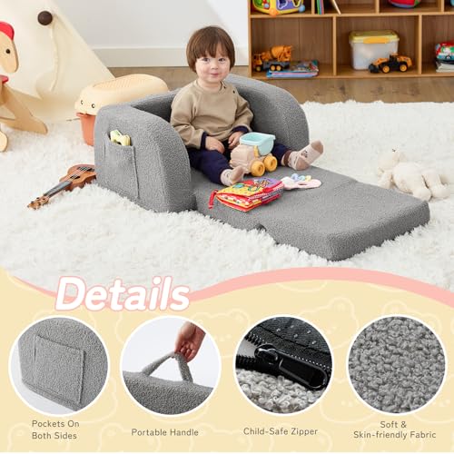 2-in-1 Convertible Toddler Couch & Fold-Out Foam Sofa Chair - Grey