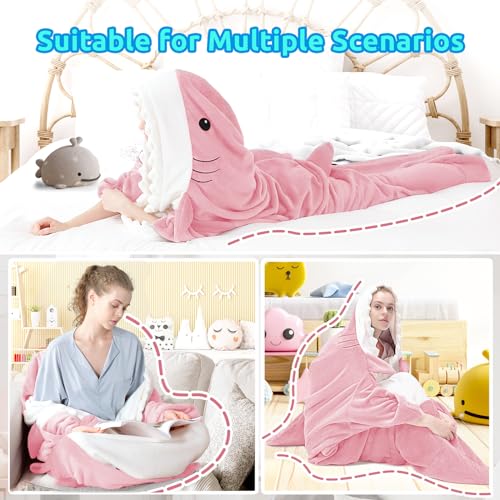 Shark Wearable Blanket Hoodie - Soft Flannel Pink Shark Onesie for Adults