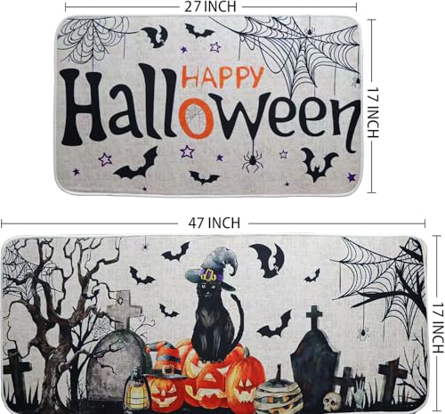 Halloween Kitchen Rugs Set of 2 with White Cat & Pumpkin Decor, Non-Slip Washable Floor Mats