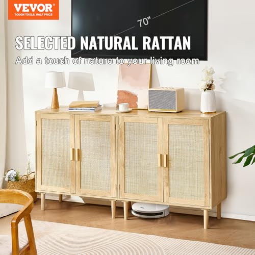 Rattan Buffet Cabinet with 4 Magnetic Doors and Adjustable Shelves