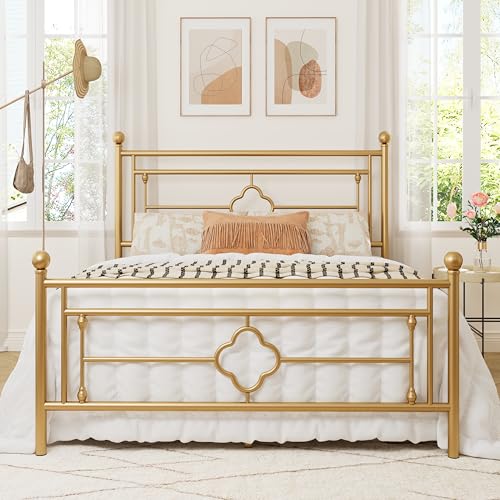 Queen Size Metal Platform Bed Frame with Victorian Headboard - Gold