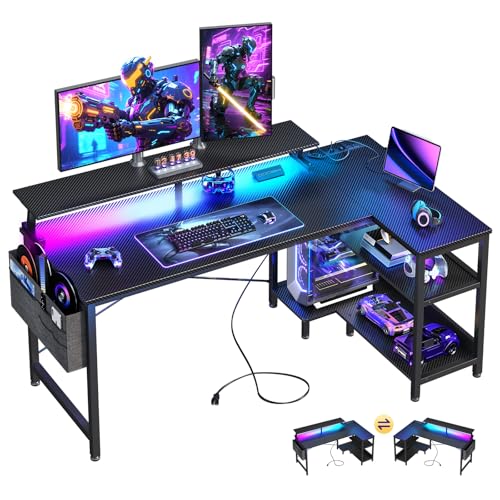 48-Inch L-Shaped Gaming Desk with LED Lights, Power Outlets & Storage