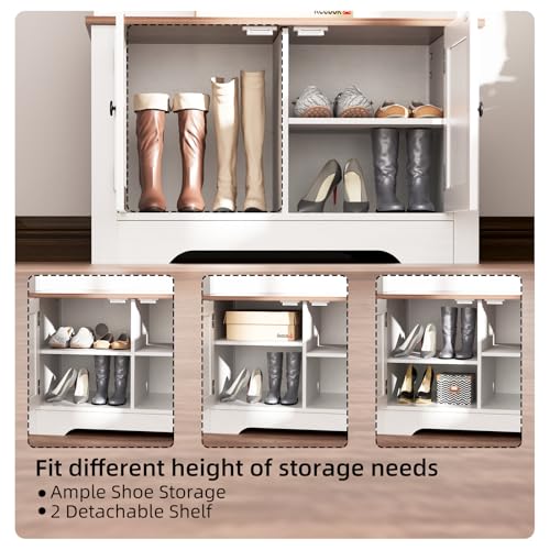 White Farmhouse 5-in-1 Hall Tree with Shoe Rack & Bench - TOOBVEST