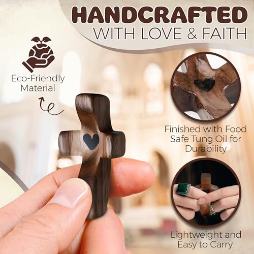 Solid Walnut Wooden Pocket Cross for Prayer, Stress Relief and Comfort